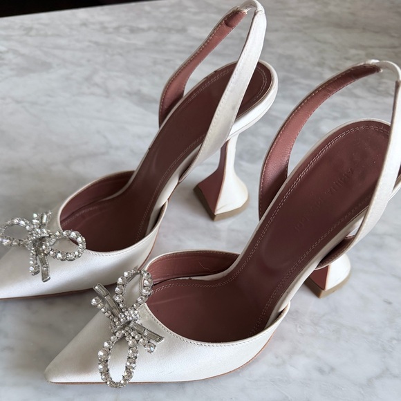 Amina Muaddi White Satin Heels with Crystal Bow - Picture 3 of 6